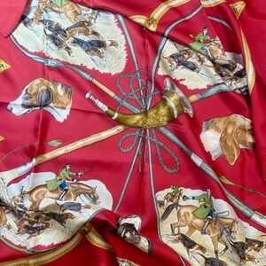 Hermès Paris Claret Red Equestrian Print Silk Scarf with Hand-rolled Edges
